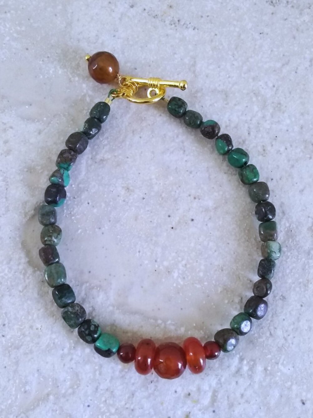 Handmade! CottageCore ForestCore Beaded Fall Bracelet. Green Jasper Orange Agate